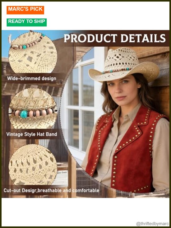 Straw Cowboy Hat Wide Brim Western Cowgirl with Decorative Band main image 5